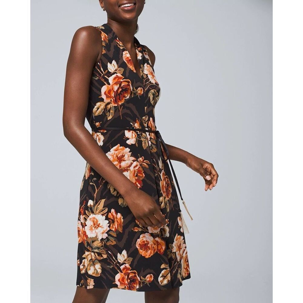 WHBM Petite Little Knit Shift Dress Floral Print SZ XS Goldtone Tassels Jersey